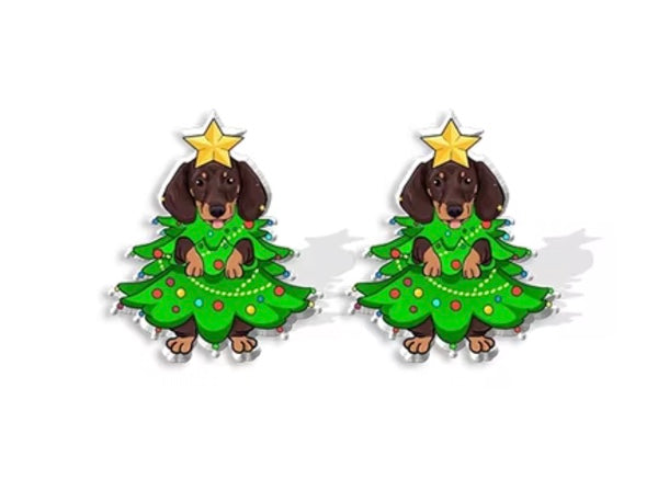 Dachshund Tree Holiday Stud Earrings