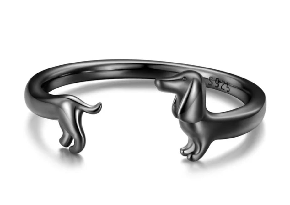 Sterling Silver Adjustable Dachshund Ring Black